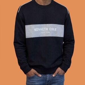 Kenneth Cole Black Crewneck Sweatshirt with Gray Logo Stripe